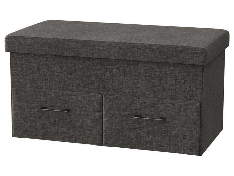 Un banc de rangement gris avec deux tiroirs.