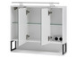 Armoire de salle de bain blanche avec portes miroir, éclairage et prises électriques.