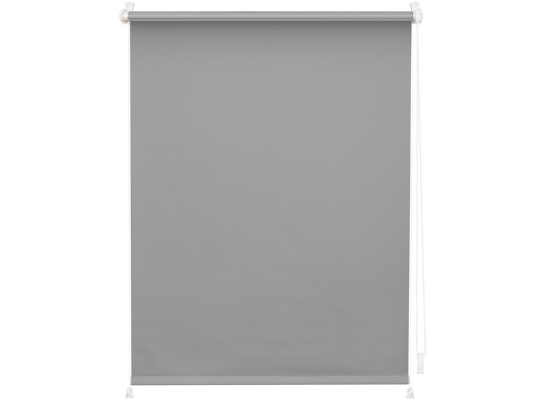 Un store enrouleur gris avec une chaîne blanche.