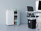 Une armoire blanche avec un bureau et un destructeur de papier.