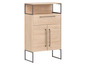 Une armoire en bois avec deux portes, un tiroir et une étagère ouverte.