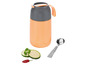Une thermos orange avec une cuillère, idéale pour la soupe.