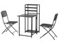 Une table noire avec deux chaises pliantes et une étagère.