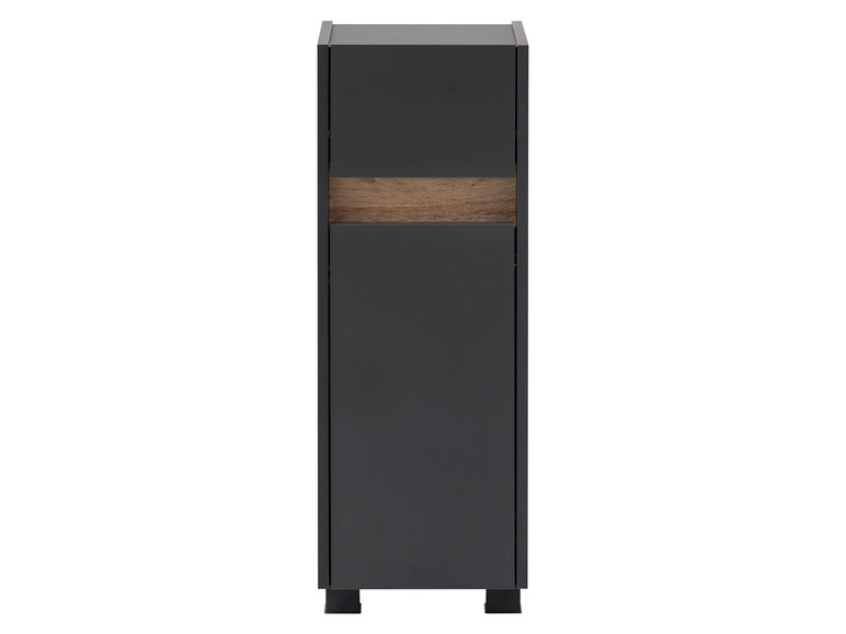 Une armoire gris foncé avec un accent en bois.