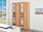 Deux armoires en bois avec portes coulissantes, remplies de classeurs.