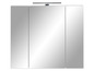 Une armoire de salle de bain avec trois portes miroir et un éclairage.
