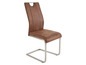 Une chaise de salle à manger brune avec une base en métal.