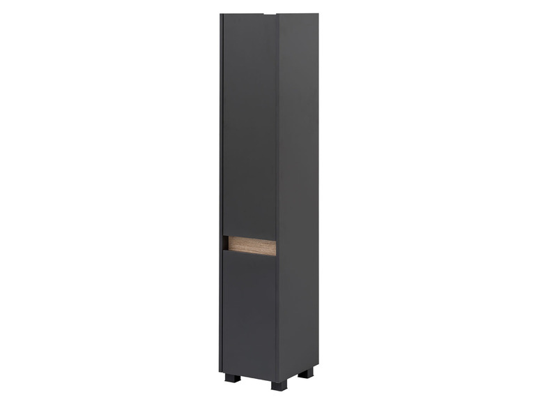 Une armoire gris foncé avec un accent en bois.