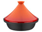 Une tajine en fonte orange avec un couvercle.