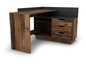 Un bureau en bois avec trois tiroirs et une étagère ouverte.