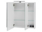Armoire de salle de bain blanche avec portes miroir et étagères en verre.