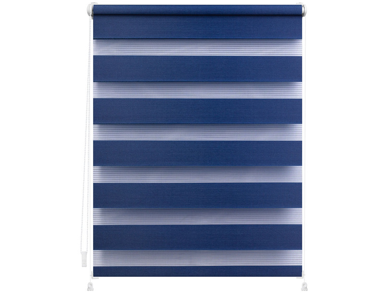 Stores enrouleurs bleus rayés avec un mécanisme blanc.