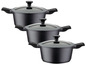 Trois casseroles avec couvercles en verre.