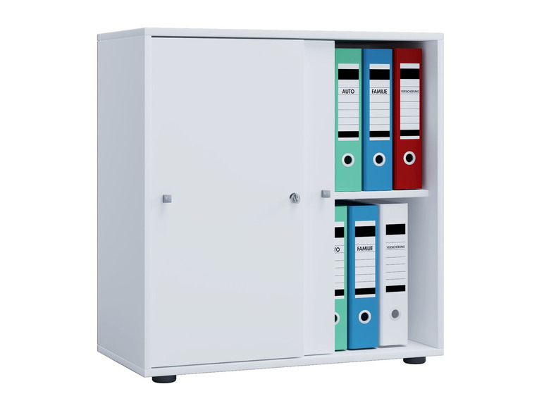 Une armoire blanche avec des portes coulissantes, remplie de dossiers bleus, verts et rouges.