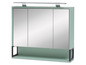 Une armoire de salle de bain verte avec des portes miroir et un éclairage.