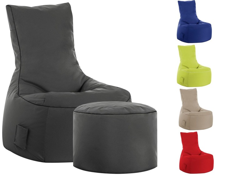Un fauteuil gris et un pouf assorti.