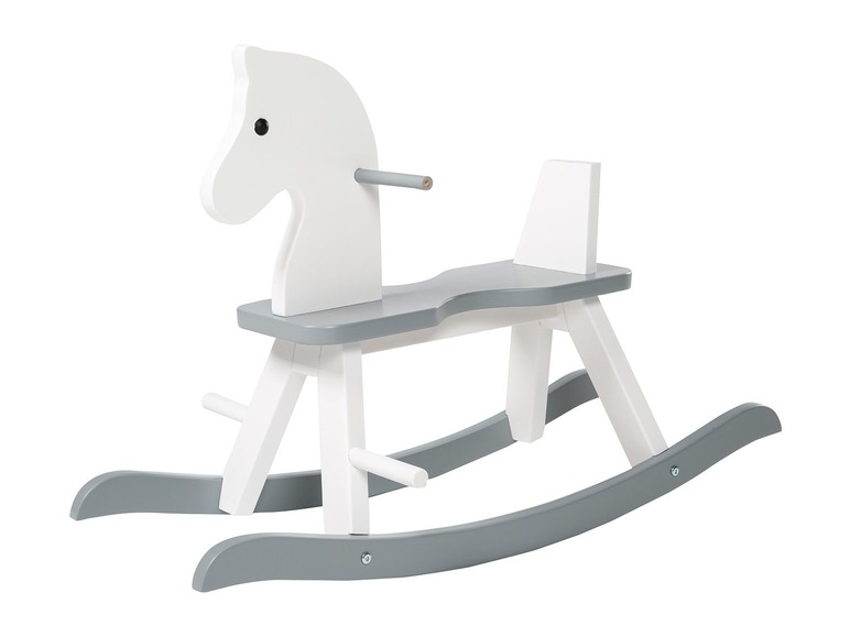 Cheval à bascule en bois blanc avec base grise.
