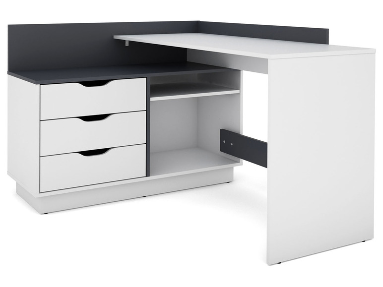 Bureau blanc avec trois tiroirs, une étagère ouverte et un plateau noir.
