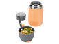 Une gourde isotherme orange et une boîte à lunch grise avec une fourchette.