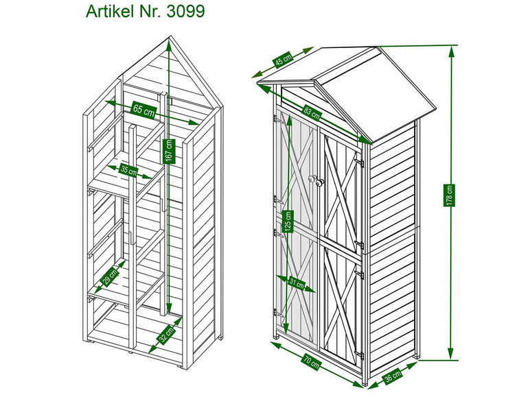 Schéma d'un abri de jardin en bois avec dimensions.