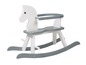 Un cheval à bascule en bois blanc avec des détails gris.