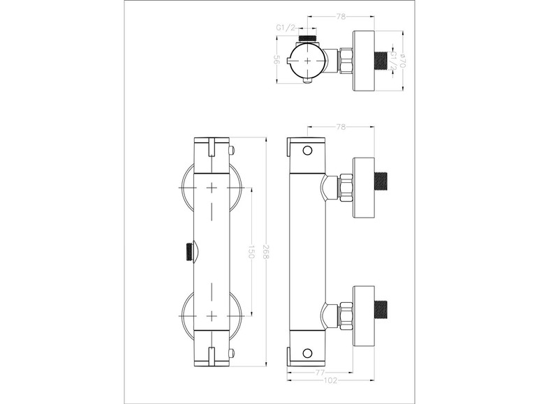 Plan technique d'un mitigeur de douche à deux sorties.