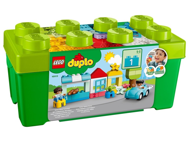 LEGO Duplo avec des blocs, une voiture et des figurines dans une boîte de rangement.
