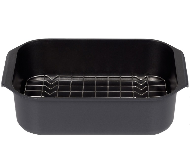 Un plat à four noir avec une grille.