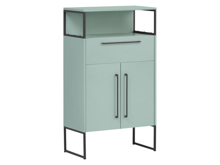 Armoire couleur menthe avec deux portes, un tiroir et une étagère ouverte.