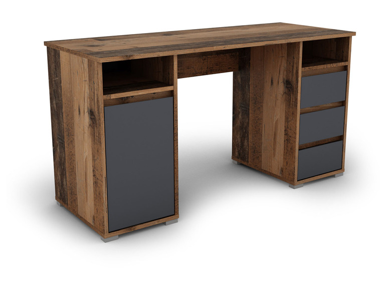 Un bureau en bois avec une porte grise et trois tiroirs.