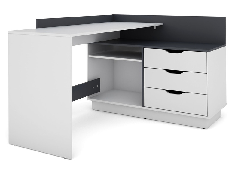 Bureau d'angle blanc avec trois tiroirs et une étagère ouverte.