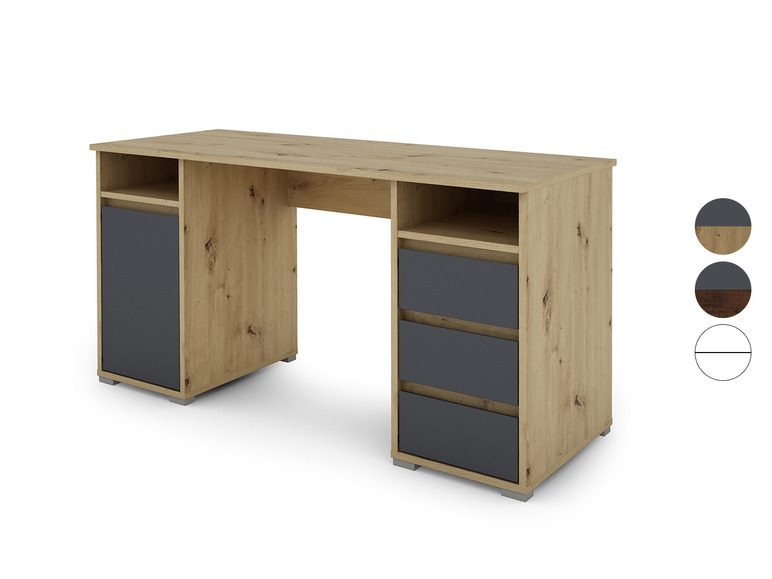 Un bureau en bois avec un tiroir gris et des étagères ouvertes.