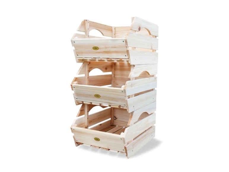 Un panier de rangement empilable en bois à trois niveaux.