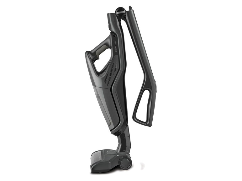 Un aspirateur sans fil noir avec un aspirateur à main détachable.