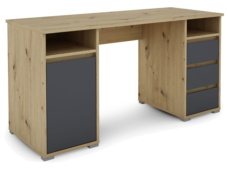 Bureau en bois avec un tiroir gris et des étagères ouvertes.