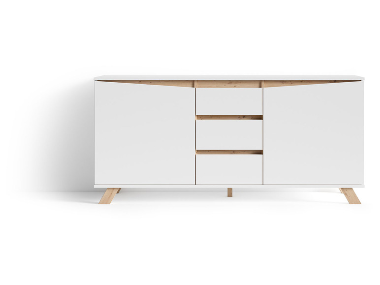 Commode blanche avec deux portes et trois tiroirs sur pieds en bois.