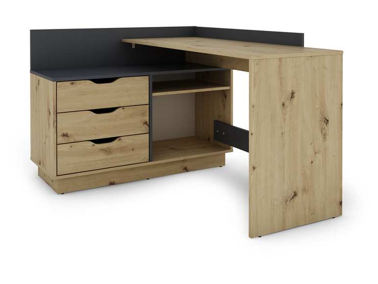 Un bureau en bois avec trois tiroirs et des étagères ouvertes.