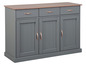 Buffet gris avec trois portes et trois tiroirs.