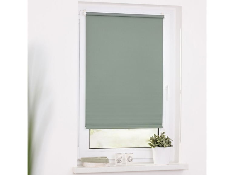 Un store enrouleur vert dans une fenêtre blanche