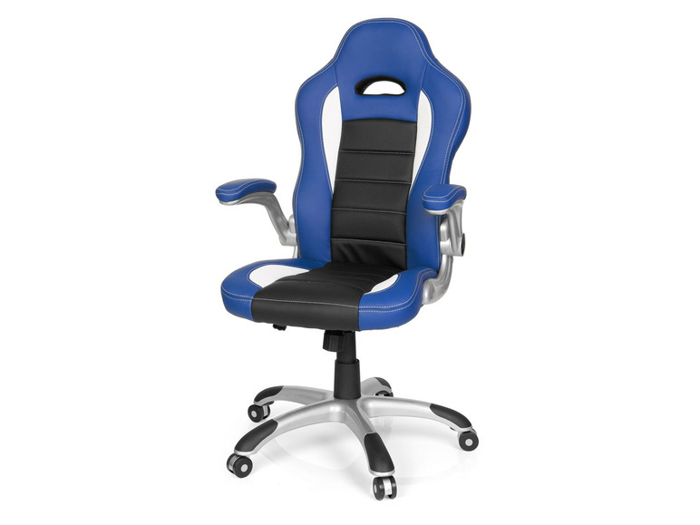 Un fauteuil de jeu bleu et noir avec accoudoirs.
