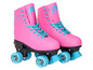 Patins à roulettes roses à quatre roues avec des roues bleues et le logo 'Apollo'.