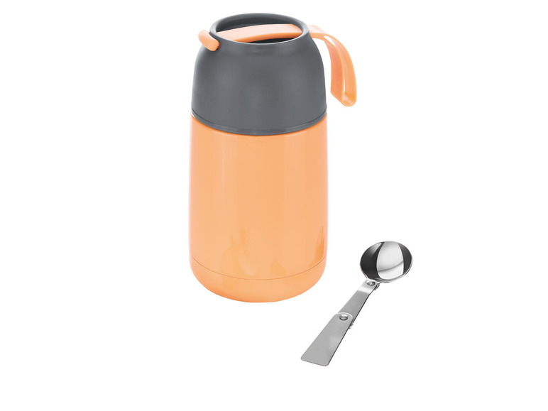 Une gourde isotherme orange avec une cuillère assortie.