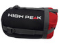 Un sac de couchage noir High Peak, roulé et sécurisé avec des sangles.