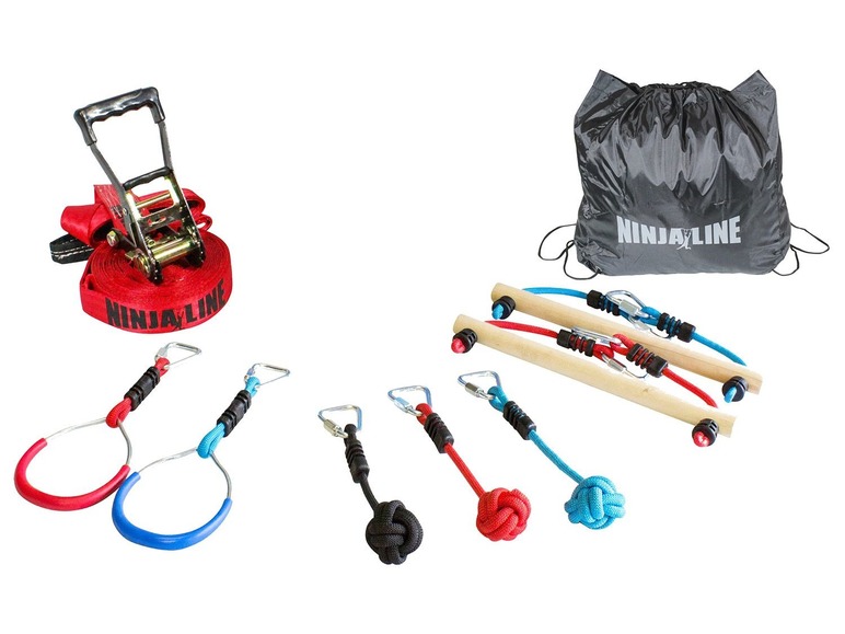 Ensemble Ninja Line avec cordes, anneaux, nœuds et sac.