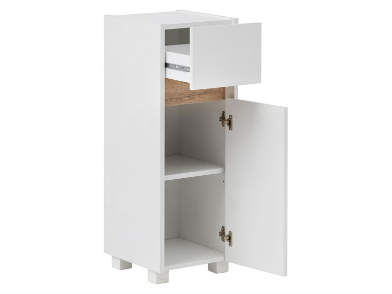 Armoire blanche avec tiroir, porte, étagères ouvertes et accents en bois.