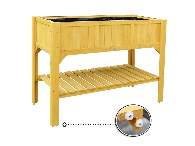 Un bac à plantation en bois avec une étagère supplémentaire.