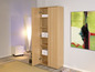 Une armoire en bois avec des étagères et une porte.