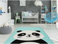 Une chambre de bébé avec un tapis panda, un berceau et une chaise.