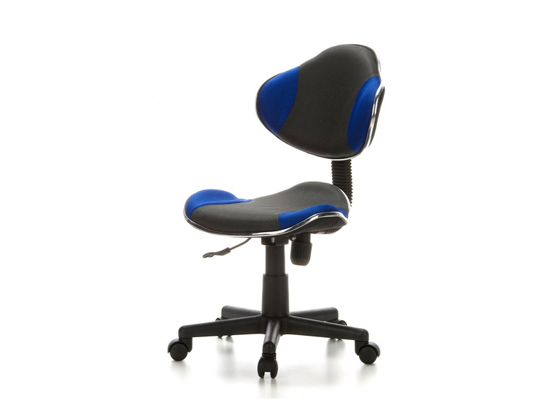 Un fauteuil de bureau noir et bleu avec roulettes