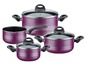Un ensemble de quatre casseroles avec couvercles en verre transparent en couleur violet.